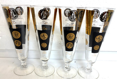 VTG Cera Pilsner Glasses Black and Gold Coin Design Bob Wallek 1960 s MCM 4pc