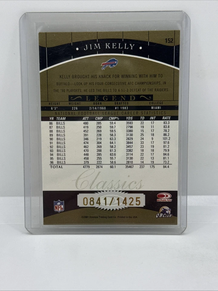 2001 Donruss Classics - Legend Jim Kelly #152 /1425 - Image 3 of 3
