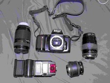 Nikon N6006 35mm SLR Film Camera with 3 Lenses, Flash, Case, Battery