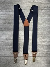 Pelican USA Made Y-Back Suspenders Braces Blue Brown Leather Gold Clip Stretch