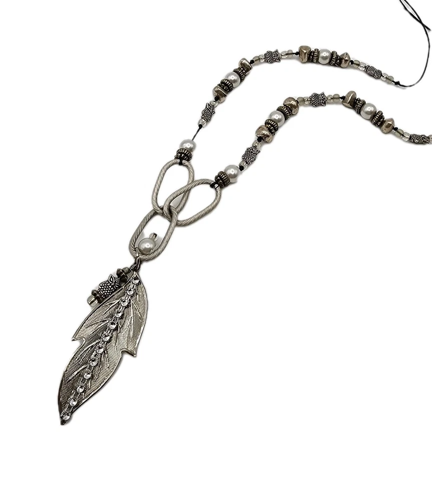 Collar Boho 24" Tono Plata Hoja de Búho Pluma Dije Imitación Perla Cuentas Borla  Foto 3 de 4