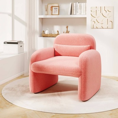 Modern Accent Chair Sherpa Fabric Upholstered Armchair w/Waist Pillow Pink