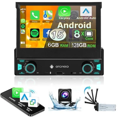 1 DIN Autoradio 6+128GB 7 Zoll Flip Out Android 15 Carplay GPS NAVI WIFI USB KAM - Bild 1 von 4