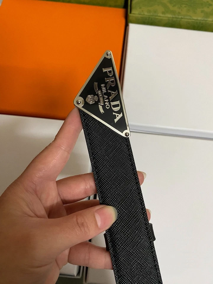 Ремень с пряжкой с логотипом Prada черная кожа металл серебро размер 34/85,3,0 см - Изображение 3 из 4