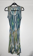 Dressbarn Dress Womens 4 Blue Green Abstract Ikat Print Sleeveless Maxi Belted