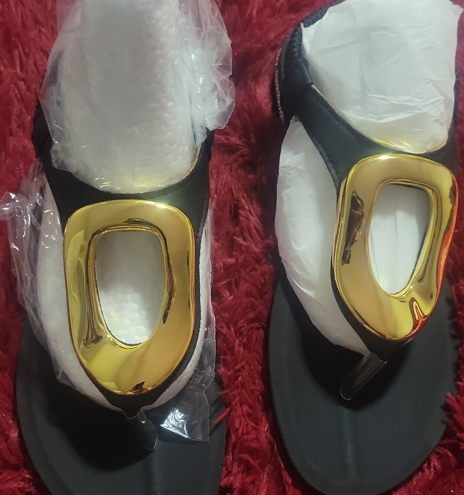 Black Gold Metallic Embellished Slip On Flat Sandals Women Size 8 Synthetic