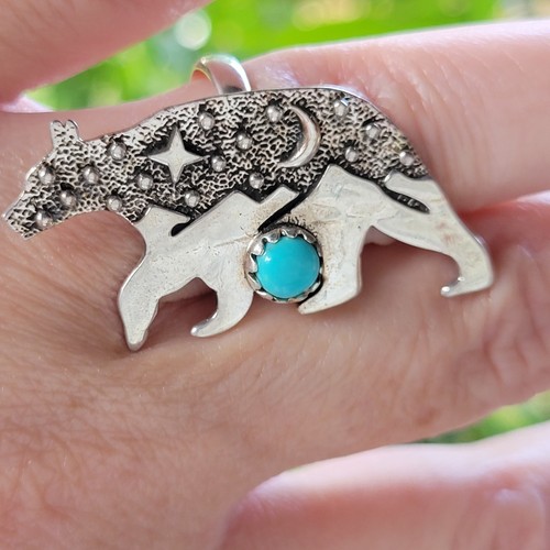 Turquoise Bear, Moon & Stars Ring Size 8 Navajo Style w/ 925 Sterling Silver - Picture 2 of 8