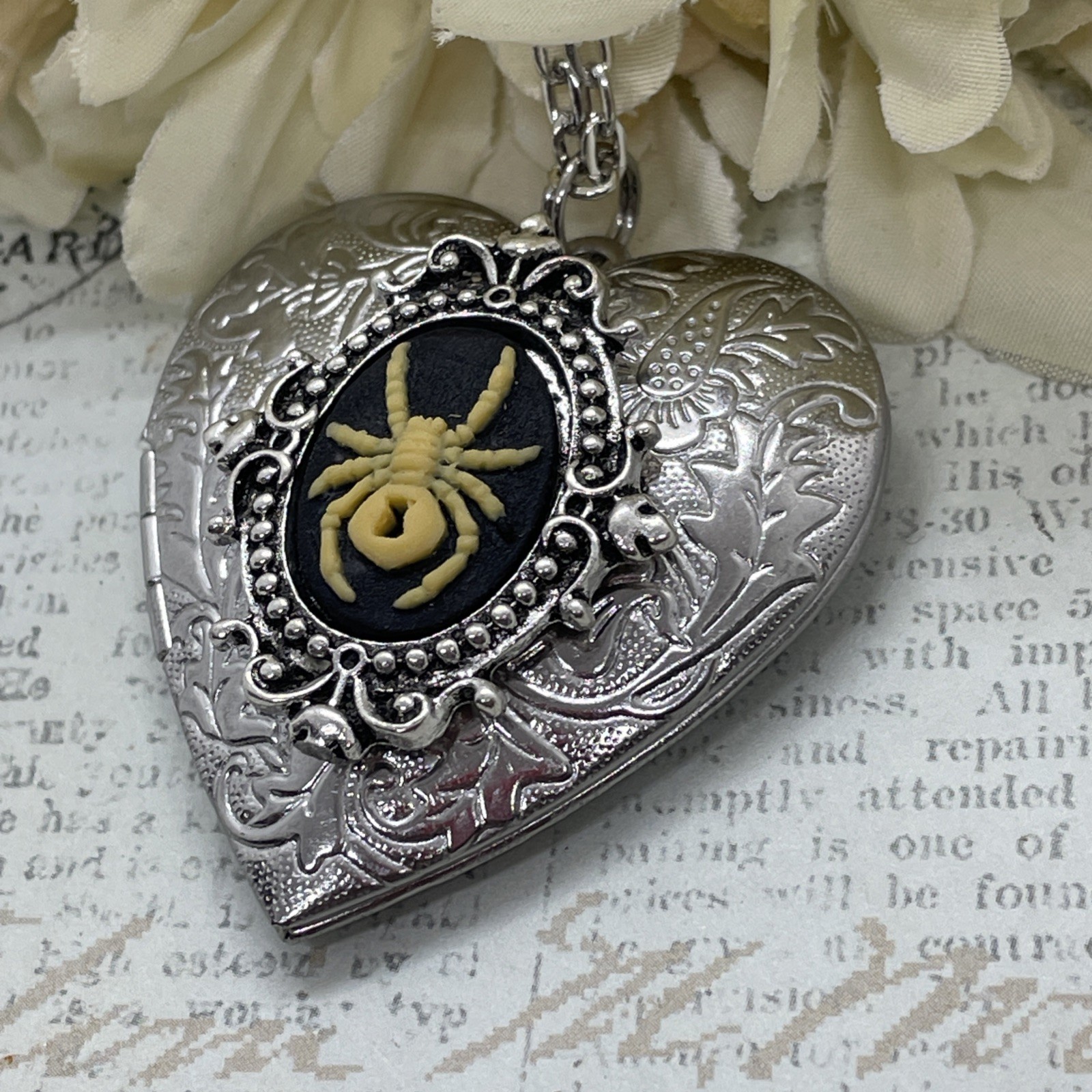 Heart Silver Locket Gothic Necklace Photo SPIDER Gothic Black Widow Cameo Witch