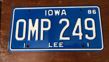 1986 IOWA LICENSE PLATE OMP 249