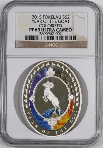 2015 Tokelau $2 Silver Coin "Year of the Goat" Colorized / NGC / PF69 UCAM