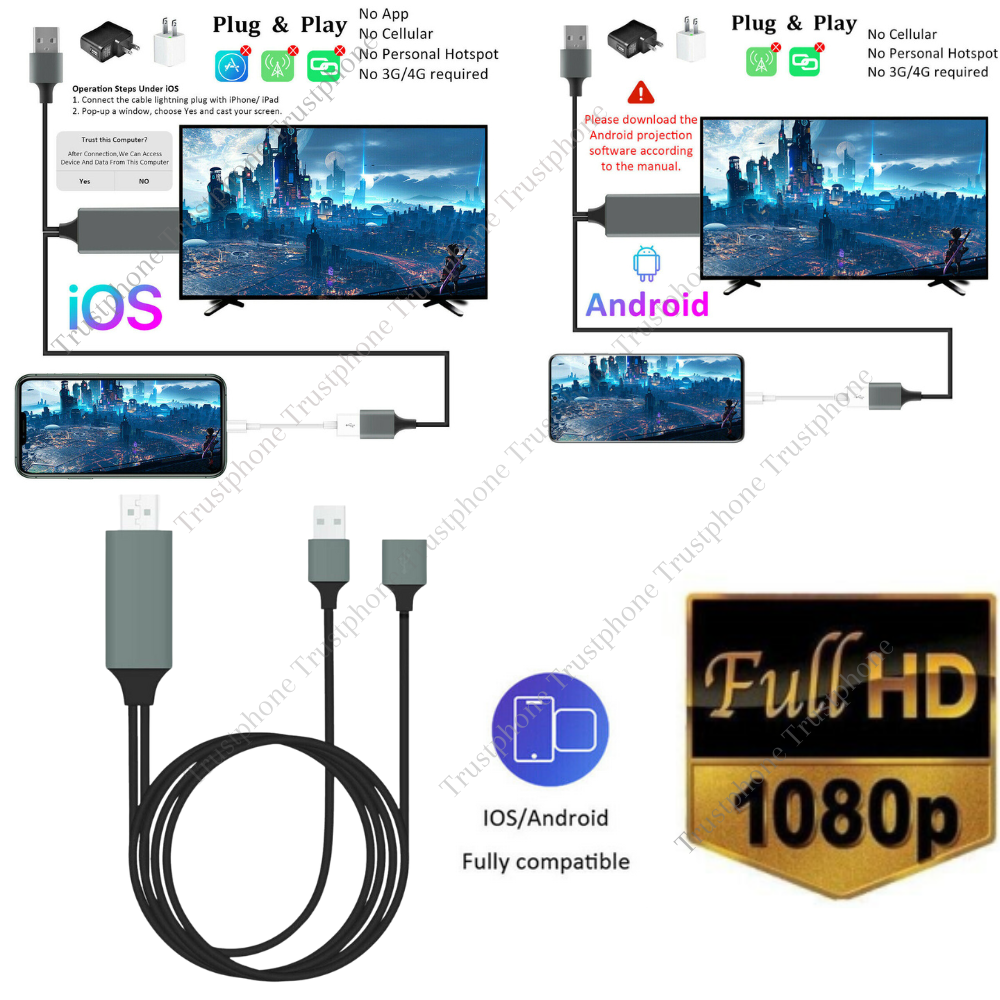 1080P HDMI Mirroring USB Cable Phone to TV Adapter For iPhone