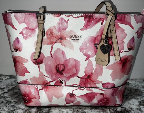 GUESS Pink Floral Tote Purse Bag with Bag Charm! | eBay