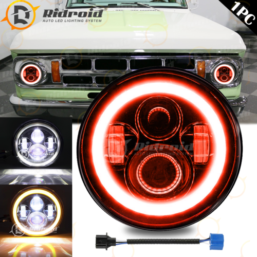 1x 7" inch Round LED Headlight H4&Red+Amber Halo For Dodge D100 D200 D300 Pickup - Picture 1 of 16