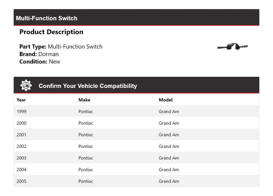 Interruptor multifunción para Pontiac Grand Am Dorman 1999-2005 2000 2001 2002 2003 Foto 2 de 4
