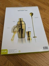 True Gold Barware Set, Stainless Steel Shaker, Jigger, Muddler, Bar Spoon, Hawth