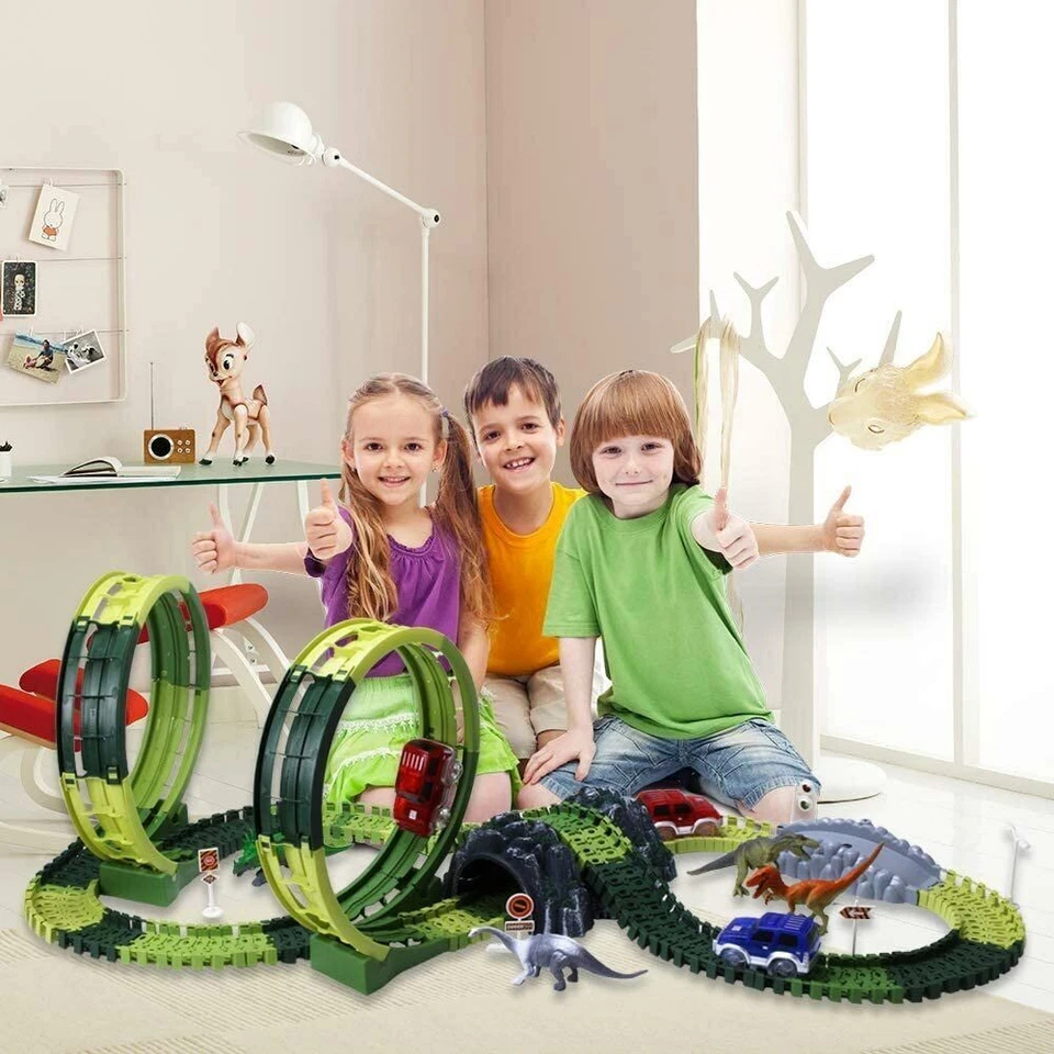 Pista Macchinine Flessibile Parco Dinosauri Costruzione 173pz con Macchinina - Immagine 2 di 4