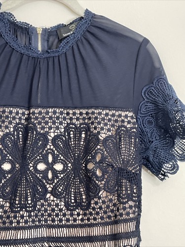 Suzanne Betro Navy Lace Dress Nude Underneath Sheer top Fit Flare Size S - Picture 4 of 10
