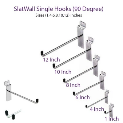 MY SHOPFITTINGS LTD. SLATWALL HOOKS PIN ARM SLATBOARD PRONG SHOP FITTING DISPLAY 1" 4" 6" 8" 10" 12"