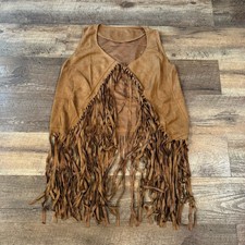 Womens Brown Fringe Vest M Sleeveless Open Front Boho Western Festival READ