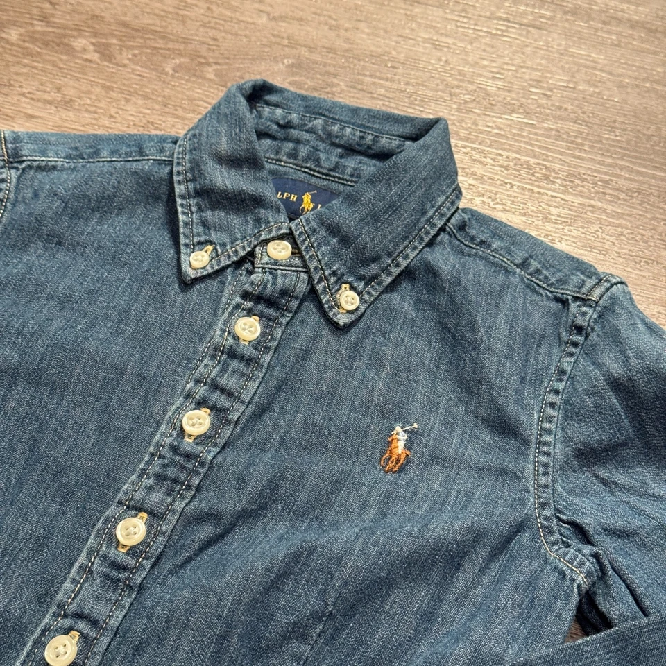 Vestido Ralph Lauren Niñas 7 Azul Denim Cambray Botón Cinturón Algodón Carne Poni Foto 3 de 4