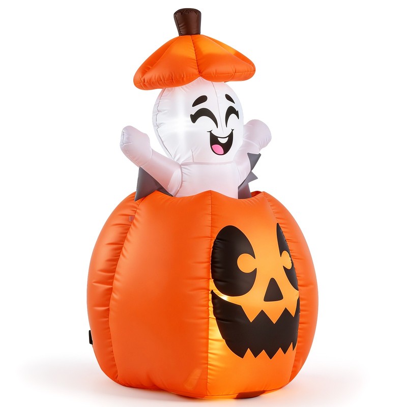 5 FT Animated Halloween Inflatable Pumpkin & Rising Ghost w/Built-in LED Lights
