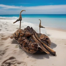 1950s-60s MCM Burled Knob DRIFTWOOD w/2 Cranes on Copper Legs Iconic Mid Century