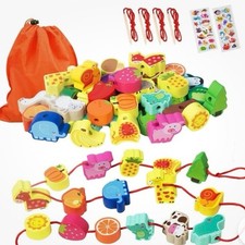 BMTOYS Wooden Lacing Beads Educational Threading Learning Toy animals  food 3 