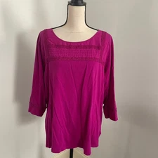 Talbots 1/2 Sleeve Embroidered Shirt sz 2X Fuchsia Pink Crochet Boho Chic Cotton