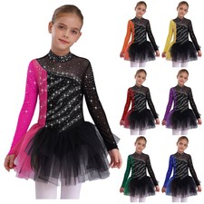 Kids Girls Figure Skating Dress Shiny Color Block Dance Ballet Skirted Leotard