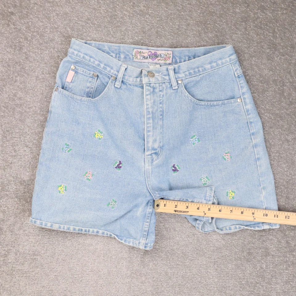 VTG Womens Y2K No Excuses Floral Embroidered 30x5 Light Wash Blue Denim Shorts - Image 4 of 4