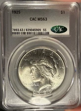 1925 $1 CACG MS 63 CAC Peace Silver Dollar