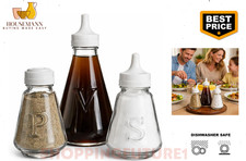 3 Piece Glass Condiment Set Salt Pepper Vinegar Shaker Pourer Pots Dispenser