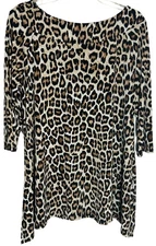 Chicos Leopard Print Swing Top 1 M L Brown Cream Black 3/4 Sleeve Side Slits