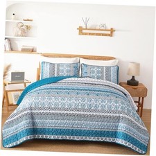 Boho Quilt Set Size Bohemian 3 Pieces Quilt Sets, Lightweight King Teal Blue
