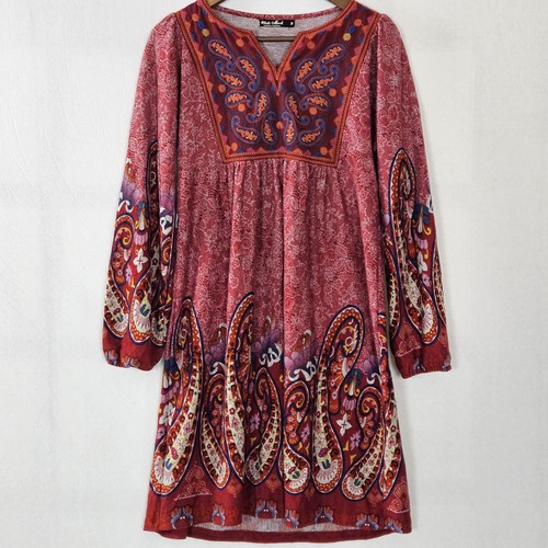 WHITE MARK Size Med Red Embroidered Long Sleeve Floral Paisley Knit Boho Dress - Picture 1 of 12