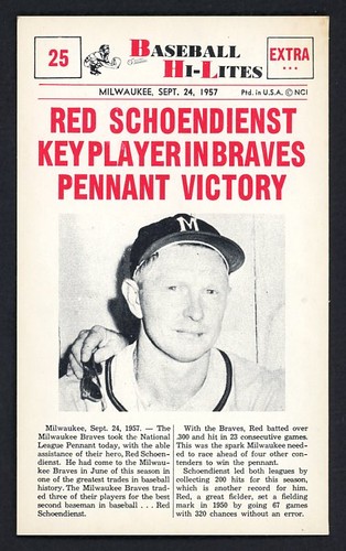 Red Schoendienst #25 1960 NU Card Baseball Hi Lites card