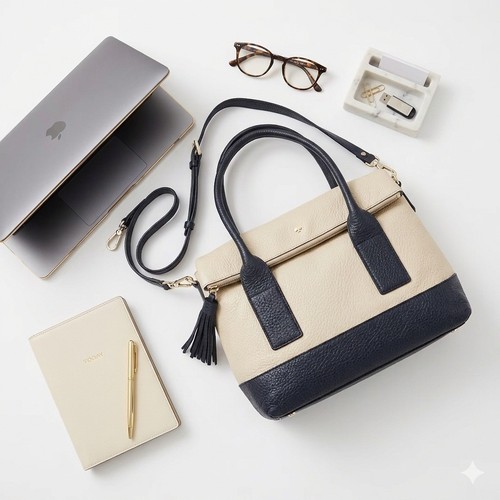 Kate Spade Cobble Hill Small Adrien Leather Satchel Beige Navy Blue Crossbody
