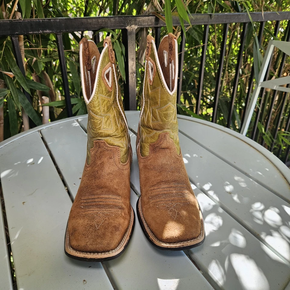 Botas Ariat Juveniles Talla 4 Mujer’s 6 Verde Marrón Cuero Puntera Cuadrada Vaquero Western Foto 2 de 4