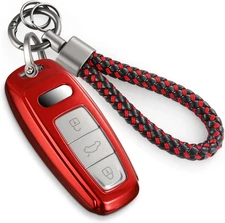 For Audi Key Fob Cover with Upgraded Anti-Lost Metal Braided Rope Keychain, Exqu
