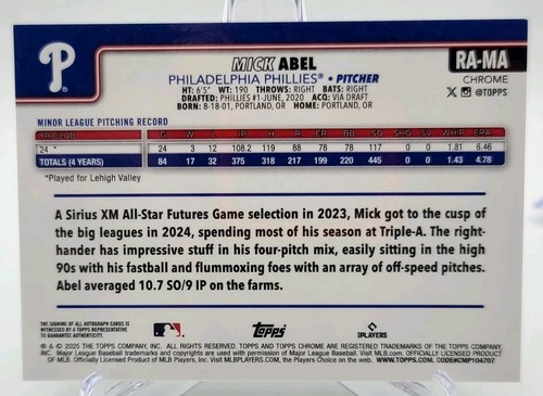 2025 TOPPS CHROME MICK ABEL RC On Card AUTO GREEN REFRACTOR SP 85/99 PHILLIES - Picture 3 of 3