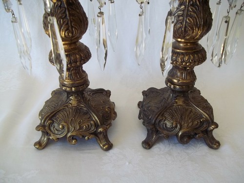 Pair of Vintage Candle Holders Brass With Prisms 15" Footed - Picture 2 of 10