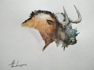 Gnu, Animal, Watercolor artwork, Handmade, Original painting on paper