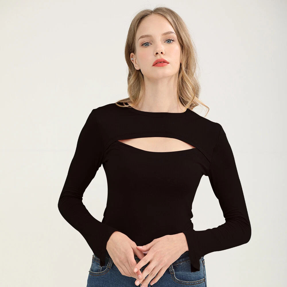 Women Ripped Cut Out T-Shirt Round Neck Basic Tee Long Sleeve