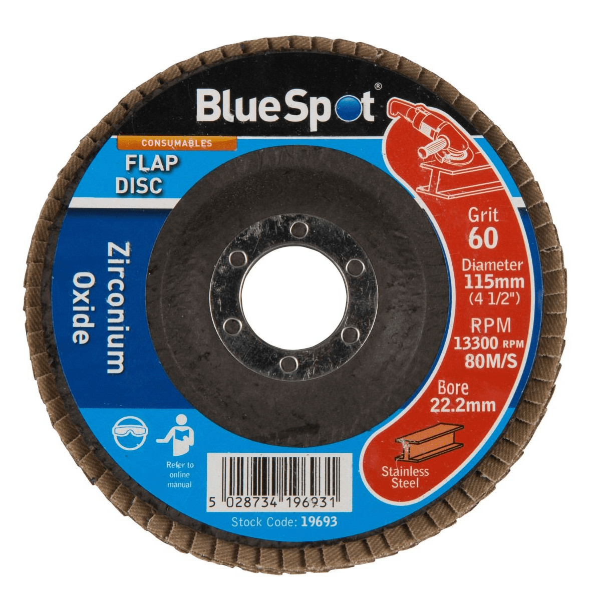 Blue Spot 19693 Zirconium Oxide Flap Disc 115mm 60 Grit