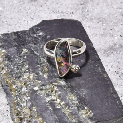 Boulder Opal Ring, 925er Silber, Edelsteinring (21539), mit Brillant