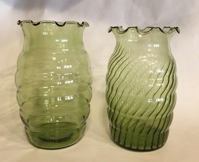 Vintage Sage Green Glass Flower 7” Vase Set Of 2 Ruffled Edge eBay
