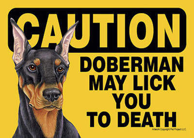 Doberman Caution May Lick You To Death Dog Sign Magnet Hook & Loop Fastener 5...