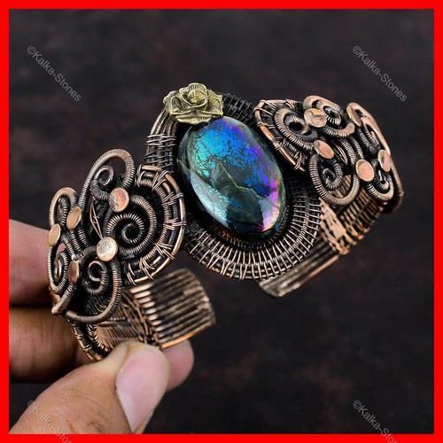Kupfer Mystic Feuer Labradorit Edelstein Verlobung Frau Draht umwickelt Blume Manschette - Bild 1 von 6