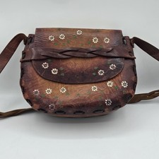 Vintage Shoulder Bag Hand Tooled Braided Leather W/ Hand Painted Flowers