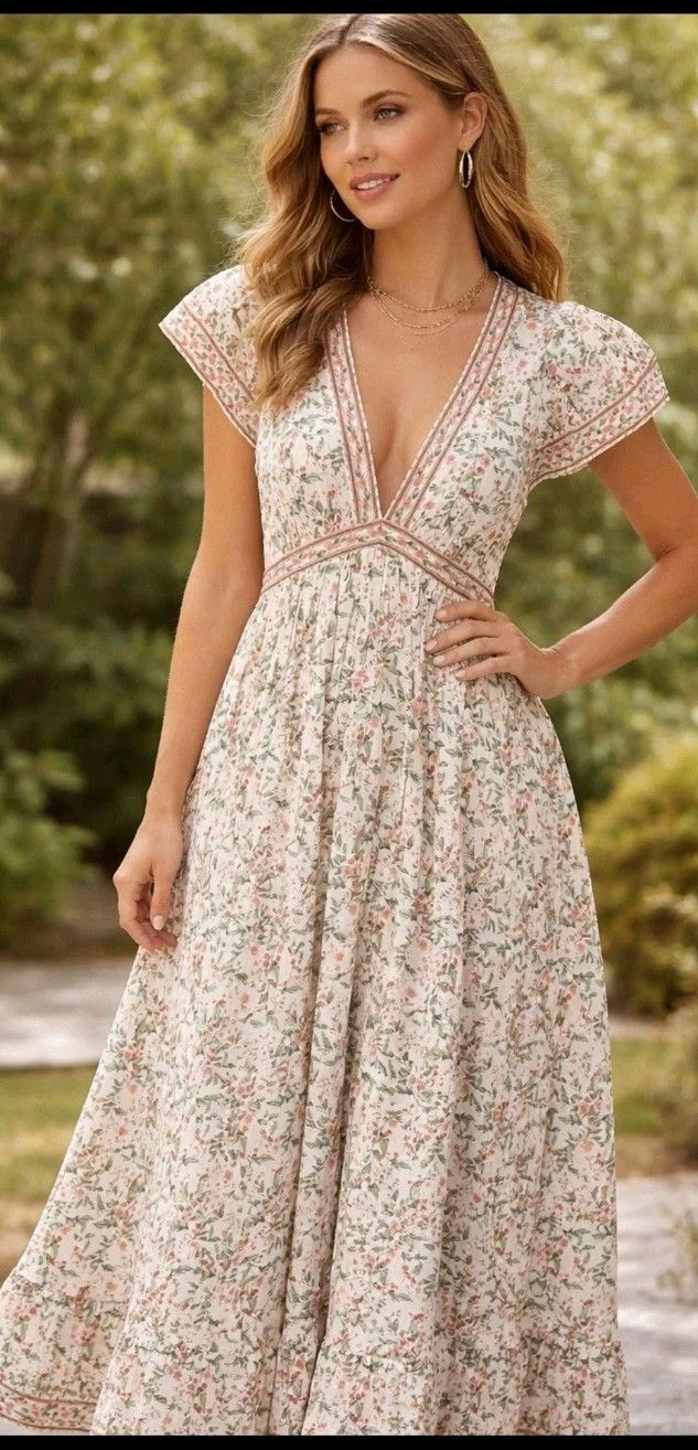 Max Studio London Cotton Floral V-Neck  Midi Dress Green flutter Sleeve S M $178
